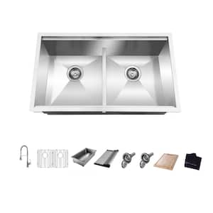Zero Radius 33 in Undermount 50/50 Double Bowl 18 Gauge Stainless Steel Workstation Kitchen Sink with Spring Neck Faucet