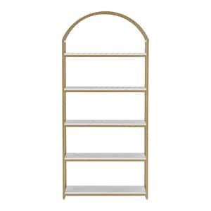 Haven 5-Shelf Faux Marble Etagere Bookshelf with Metal Frame and Arch Top, White/Gold, 72 in. H x 33. in. W, (Set of 2)