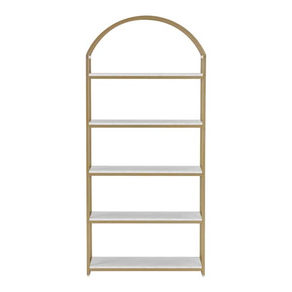 Nathan James Haven 5-Shelf Faux Marble Etagere Bookshelf with Metal Frame and Arch Top, White/Gold, 72 in. H x 33. in. W, (Set of 2)