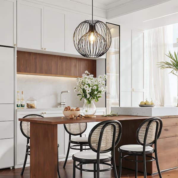 RayHome 15.74in 1-Light Black Industrial Spherical Pendant Light with Metal Stripe Cage Shade for KitchIsland DiningRoom