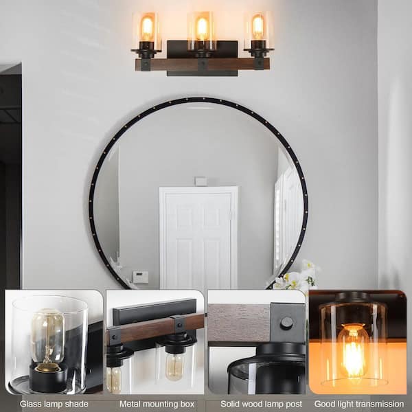 18.5 in. 3-Light Black Rustic Wall Sconce, Modern Farmhouse Bathroom Vanity Light with Glass Shade, Bulbs not Inlcuded