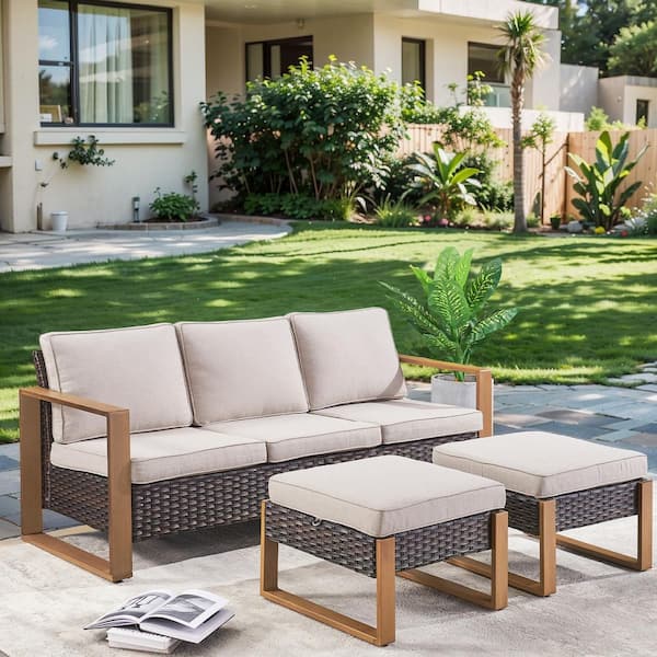 CubeEdge 3-Piece Brown Wicker Patio Conversation Set with Olefin Beige Cushions and Ottomans