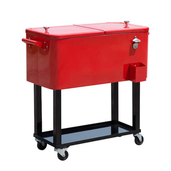 80 QT Cooling Bins Ice Chest with Wheels, Outdoor Stand Up Drink Cooler Cart for Party, Camping, Red