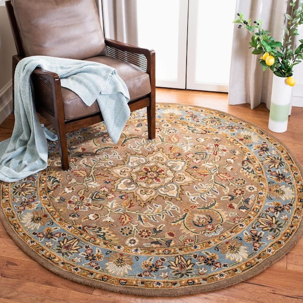 Classic 6 ft. x 6 ft. Round Beige/Light Blue Border Area Rug