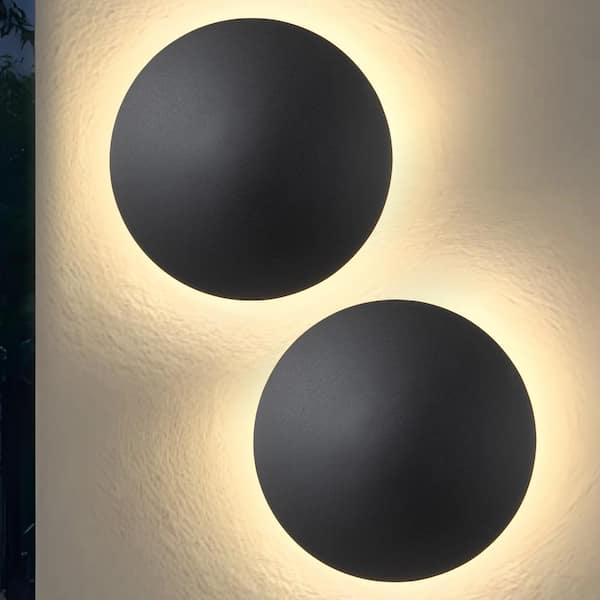 2-pack 10 in. Black Aluminum Round Disc LED Indoor Outdoor Wall Lantern Sconce