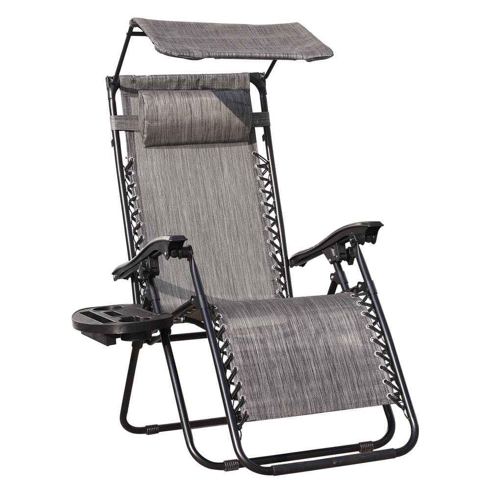 Grey Steel Lounge Chair Adjustable Recliner with Pillow Outdoor Camp Chair 