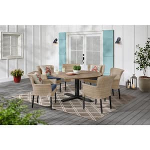 Devonwood 7-Piece Light Brown Steel Wicker Outdoor Dining Set with CushionGuard Sky Blue Cushions