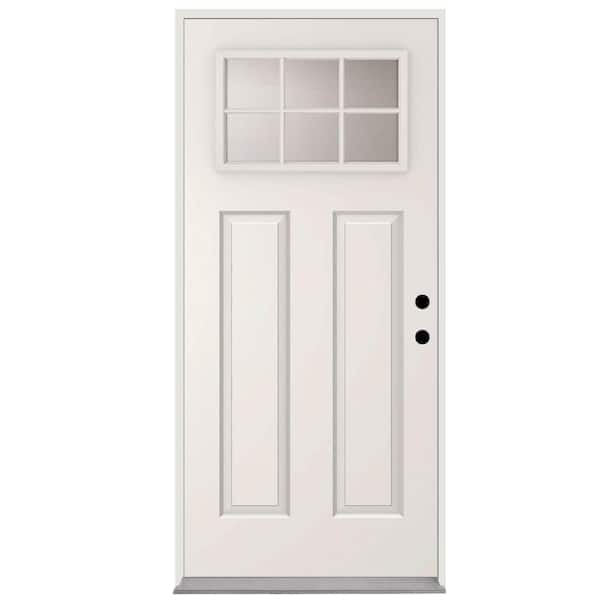 Reliant 36 in. x 80 in. Left Hand 6-Lite 1/4-Lite Clear Glass White Primed Fiberglass Prehung Front Door With Brickmold