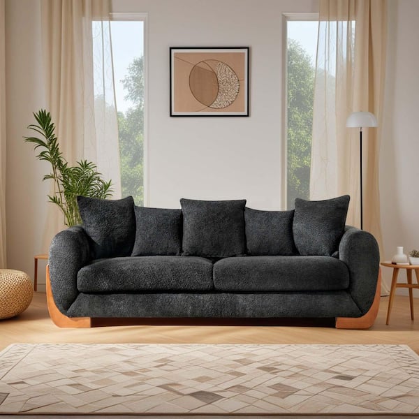 Weary 83.46 in. Round Arm Fabric Rectangle Sofa in. Black with Wooden Legs, 5 Pillows