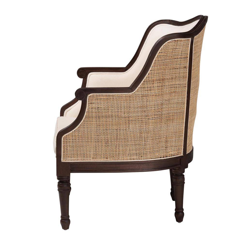 Beige and Dark Brown Carved Wood Accent Chair with Woven Rattan