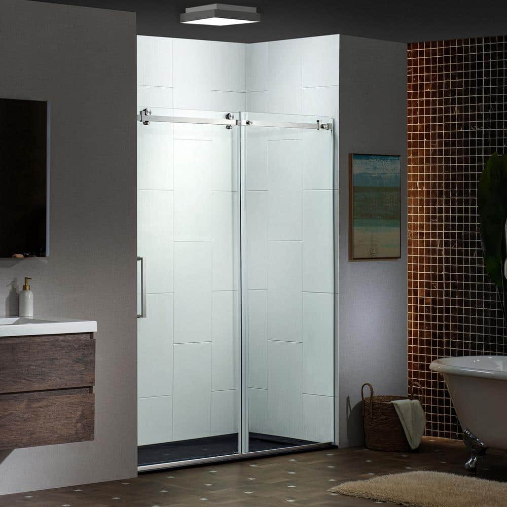 Brushed Nickel Frameless Sliding Shower Door with Clear Tempered Glass