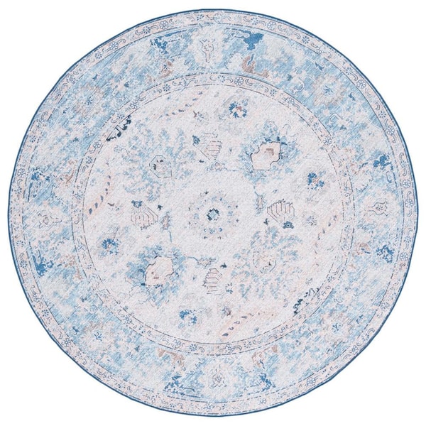SAFAVIEH Arizona Blue/Beige 6 ft. x 6 ft. Distressed Border Ornate Machine Washable Round Area Rug