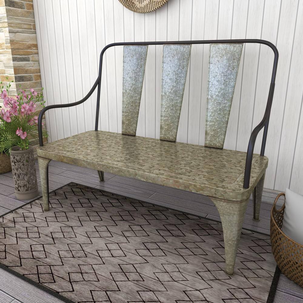 Silver Metal Farmhouse Outdoor Garden Bench, 2-Seater
