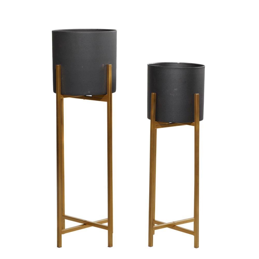 Set of 2 Black and Gold Metal Planters with Stands