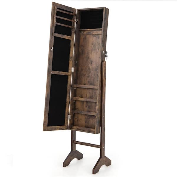 Gymax Standing Jewelry Cabinet Armoire Rustic Brown Full Length Mirror Lockable