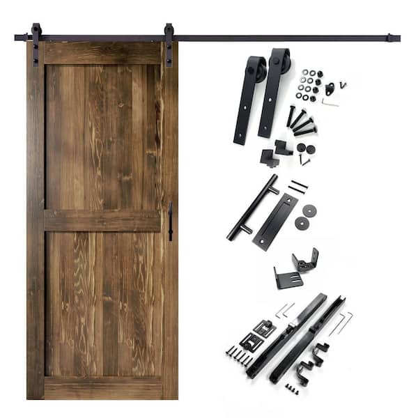 HOMACER 54 in. x 84 in. H-Frame Walnut Solid Pine Wood Interior Sliding Barn Door with Hardware Kit, Non-Bypass