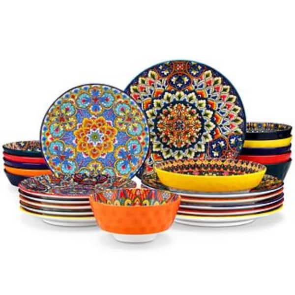 24-Piece Multi-colored Porcelain Dinnerware Set Service for 6 Bohemian Style Bowl Dinner Plate Dessert Plate Pasta Bowl
