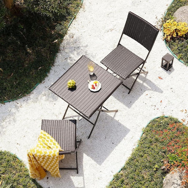 Yangming 3-Piece Metal Frame Square Table Patio Outdoor Bistro Dining Set,Foldable Patio Table and Chairs Furniture,Gradual Brown