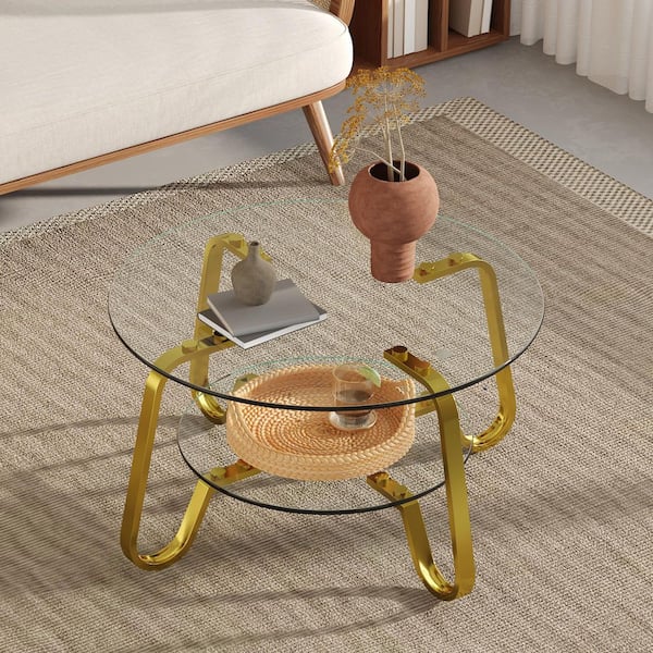 31.5 in. Round Clear Tempered Glass Coffee Table-Double Storage Space and Gold Metal Legs for Living Room