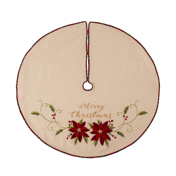 Glitzhome 48 in. D Fabric Christmas Tree Skirt in Poinsettia 1113202457 ...