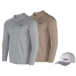 Men's Large Gray and Sandstone WORKSKIN Hooded Sun Shirt (2-Pack) with Large/X-Large Gray WORKSKIN Fitted Hat