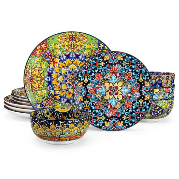 12 Pieces Colorful Dinnerware Set Porcelain Bowls and Plates Set Bohemian Style Plates Cereal Bowls Service Set for 4