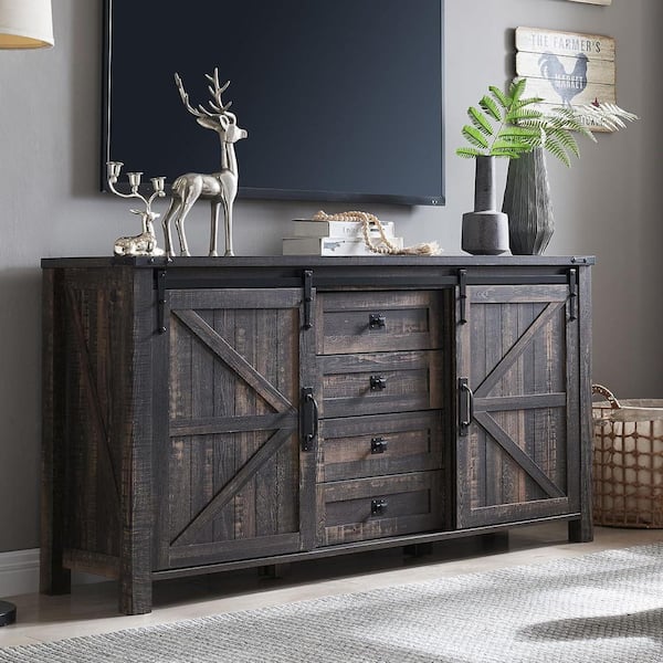 Farmhouse Dark Rustic Oak 32 in. Accent Storage Cabinet with 4-Drawers & Sliding Barn Doors