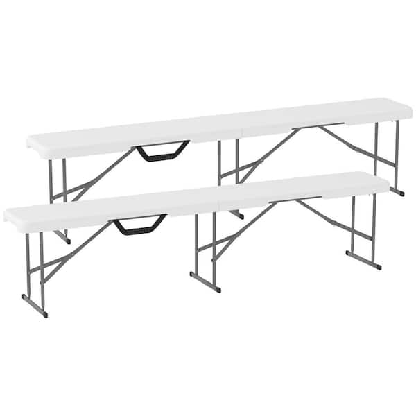 6 ft Outdoor Ottoman Plastic Folding Bench, Portable Bench Seat with Carrying Handle, White