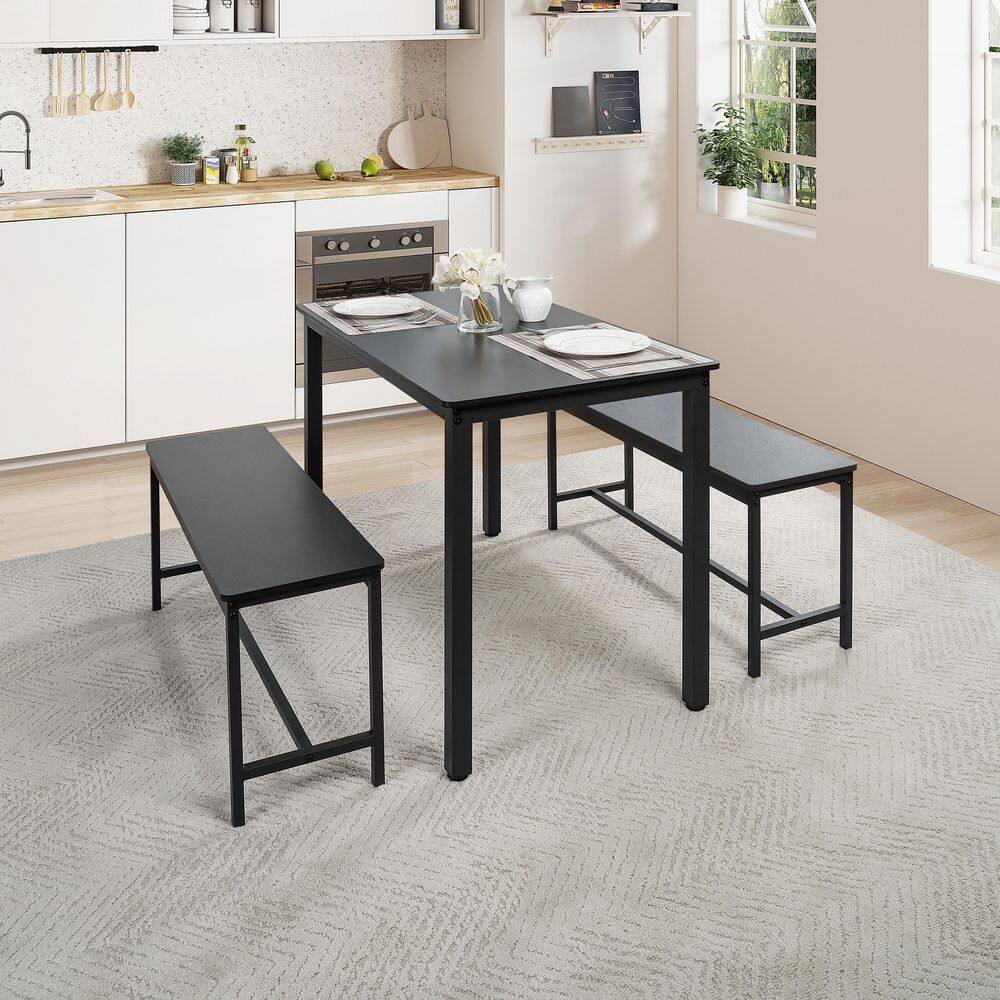 43.30 3-Piece Dining Table Set with Benches in for 4 People-Compact Kitchen and Dining Room Furniture in Black