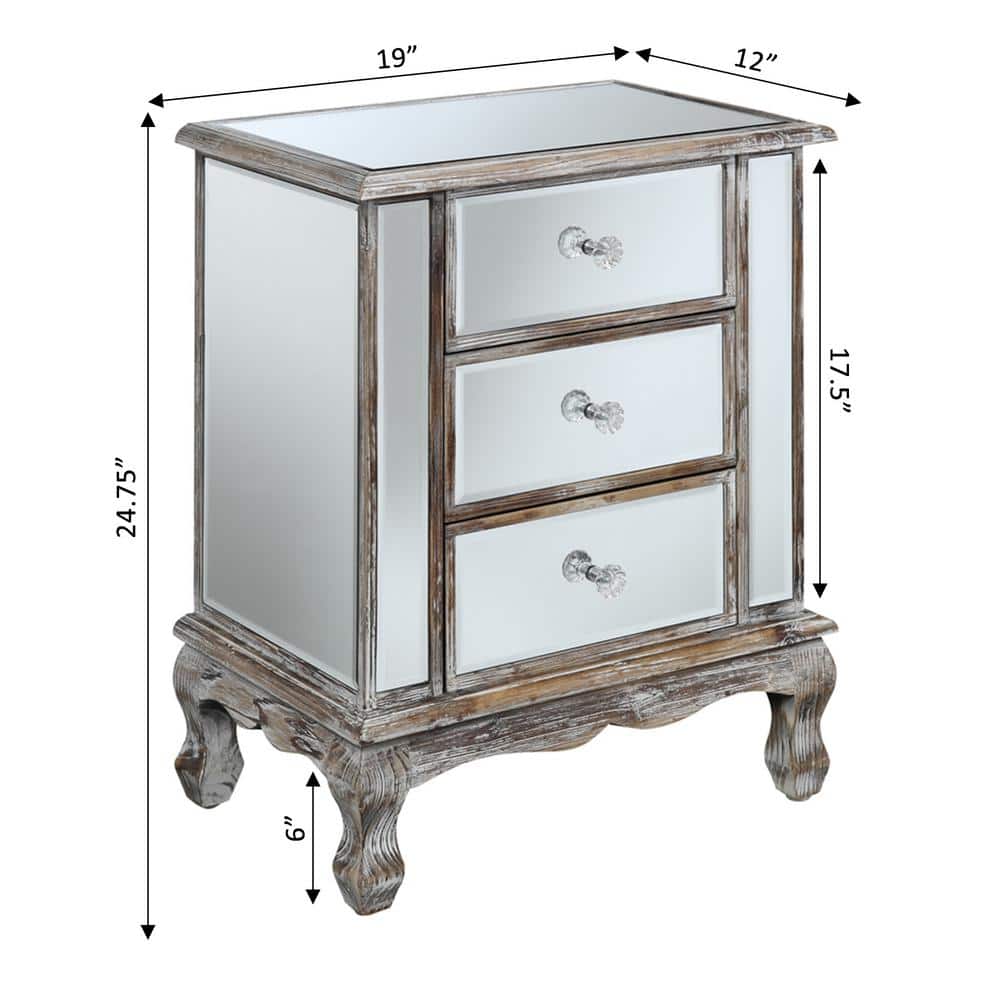 Elegant Weathered White Mirrored End Table with 3 Drawers