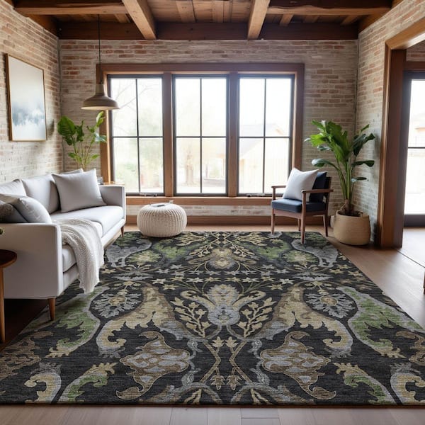 Mayfield Premium Machine Washable Abstract AMF1153 Black 9 ft. x 12 ft. Area Rug