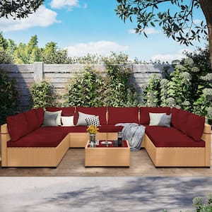 Yellow 9-Piece Wicker Patio Conversation Sofa Set with Red Cushions