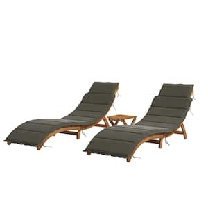 3-Piece Wood Outdoor Chaise Lounge Set with Grey Cushions and Table