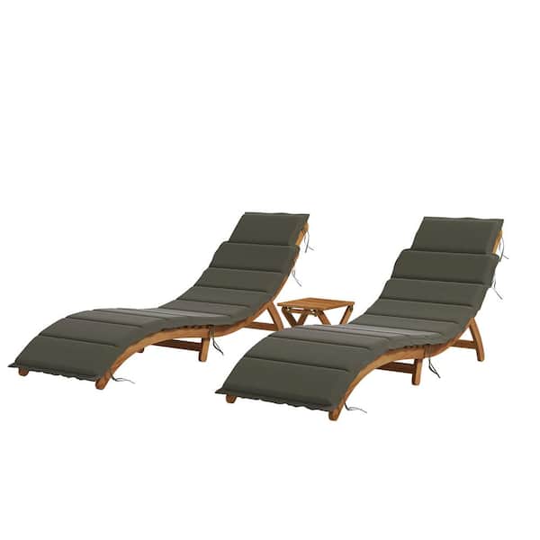 Sudzendf 3-Piece Wood Outdoor Chaise Lounge Set with Grey Cushions and Table