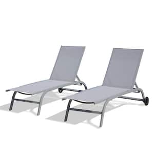 Gray 2-Sets Metal Outdoor Chaise Lounge, Lounge Chairs for Outside with Wheels, with Reclining Adjustable Backrest