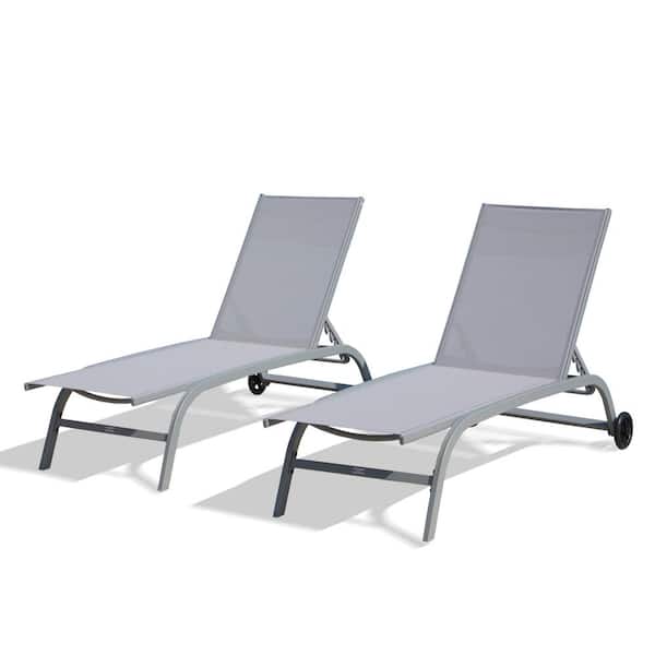 Unbranded Gray 2-Sets Metal Outdoor Chaise Lounge, Lounge Chairs for Outside with Wheels, with Reclining Adjustable Backrest