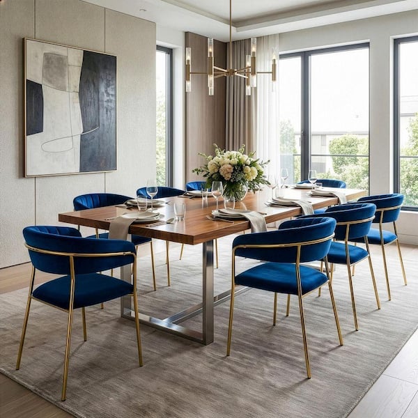 Glamour Home Anya Blue Velvet Arm Chair with Golden Metal Legs