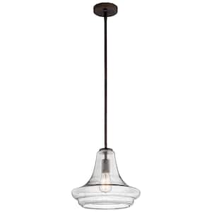 Everly 11.25 in. 1-Light Olde Bronze Transitional Shaded Kitchen Pendant Hanging Light with Clear Seeded Glass