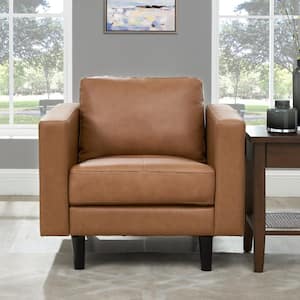 32.6 in. W Tan Top Grain Leather Mid-Century Chair, Sofa Couches for Living Room Furniture, Accent Chairs for Bedrooms