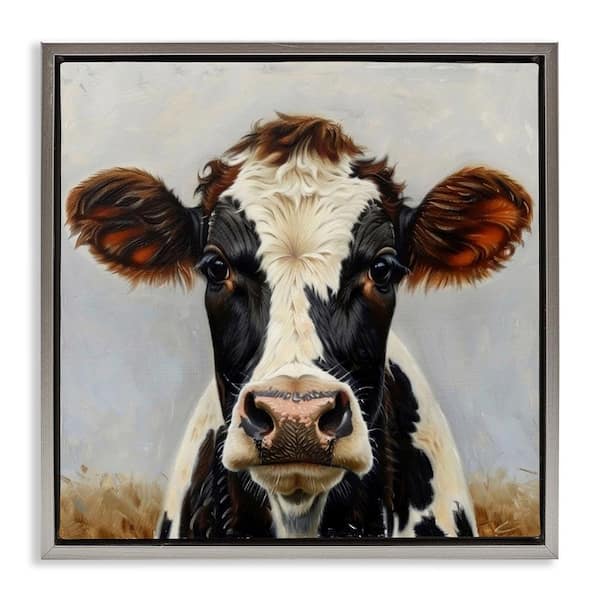 Stupell Industries Stoic Cow Gaze Portrait by LSR Design Studio Gray Floater Frame Animal Graphic Art Print 25 in. x 25 in.