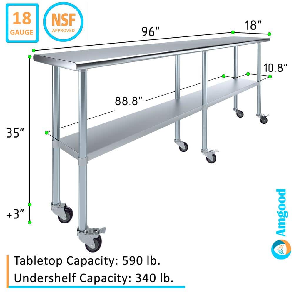 96" Stainless Steel Work Table with Undershelf and Casters