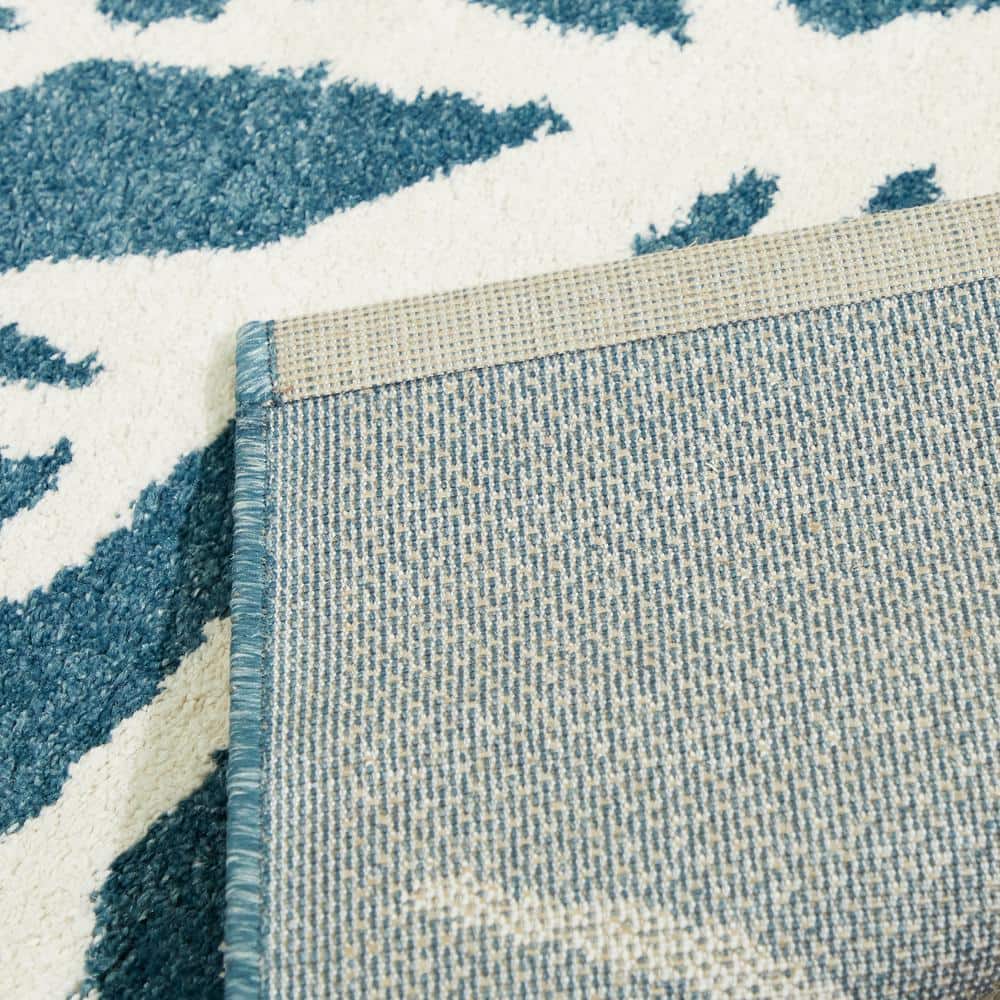 Coastal Blue and White Synthetic Coral Pattern Runner Rug