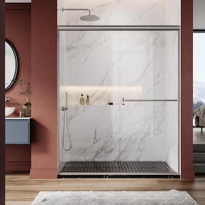 60 in. W x 72 in. H Double Sliding Semi-Frameless Shower Doors in Brushed Nickel Finish Clear Glass