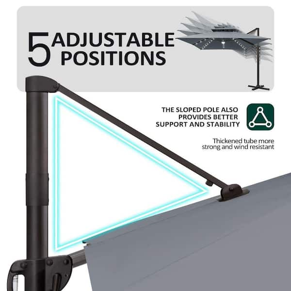 10 ft. x 13 ft. Solar LED 2-Tier Outdoor Cantilever 360° Rotation Tilt Patio Umbrella in Gray, 350 lbs. Fillable Base