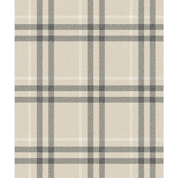 57.5 sq. ft. Linen and Ebony Calverlay Plaid Pre-Pasted Paper Wallpaper Roll