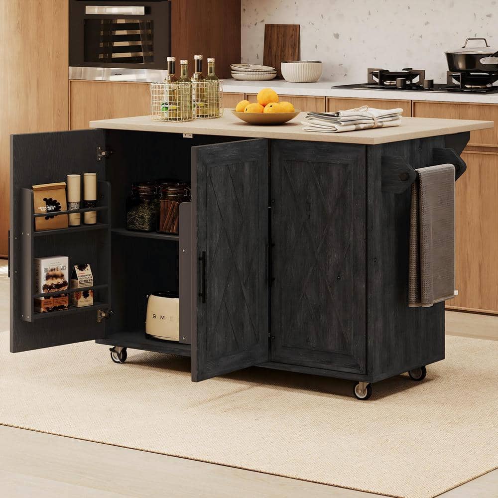 Black Wood Top 51.2 in. Geometric Twill Stripe Kitchen Island with Drop Lea