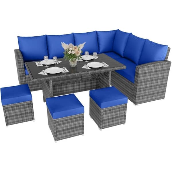 7-Piece Outdoor Patio Sectional Sofa Set with Dining Table, Blue