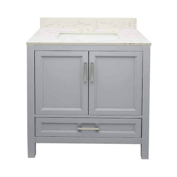 Ella Nevado 37 in. W x 22 in. D x 36 in. H Bath Vanity in Gray with Quartz Stone Lyra White Top with White Basin