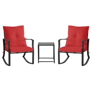 3-Piece Metal Rocking Outdoor Bistro Set with Red Cushion and Glass Coffee Table