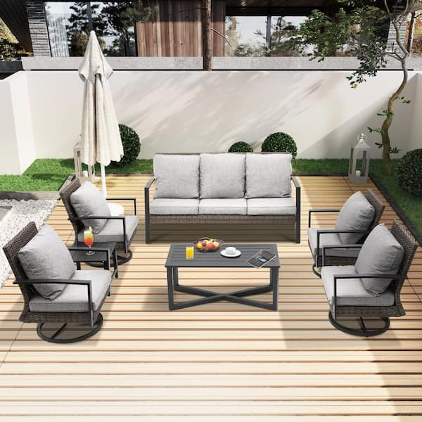 SUNVIVI 7-Person Outdoor Wicker Patio Conversation Seating Set with Gray Cushions and Tables